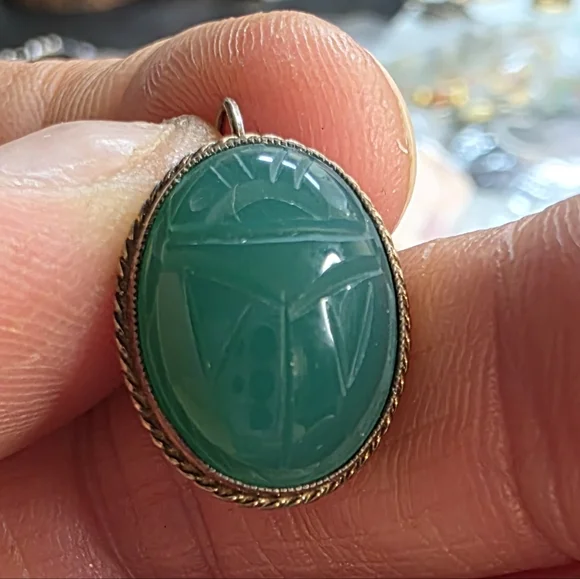 Sterling Silver Green Chalcedony Earrings | 1/20 14K Gold Fill | Carved Scarab - Picture 2 of 6